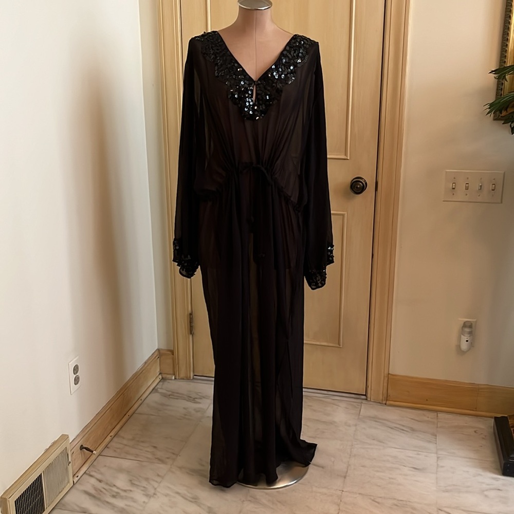 ROAMAN'S Resort Beach L.S Black Sequin Keyhole V-Neck Drawstring Swim Coverup 4X